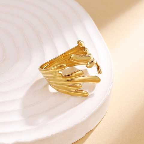 Stainless Steel Wing Feather Adjustable Open Ring For Women Minimalist Fluid Lava Style Jewelry