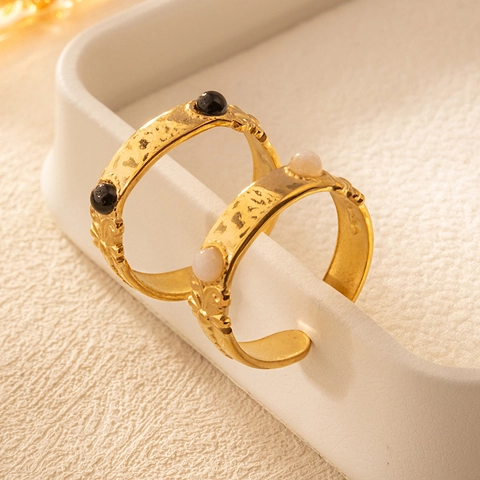 Vintage Stainless Steel Ring With 18K Gold Plating Natural Stone Floral Embossed Adjustable Open Jewelry For Women