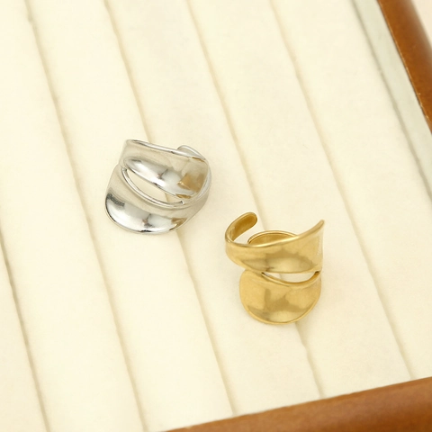Stainless Steel Open Rings For Women Irregular Geometric Adjustable Finger Ring 18K Gold Plated Hollow Textured Minimalist Jewelry