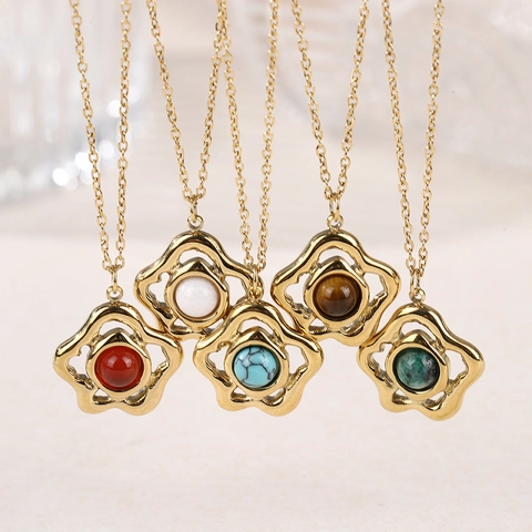 Collier Pendentif Fleur Creuse Acier Inoxydable Pierre Naturelle Vintage Élégant Bijoux Femmes