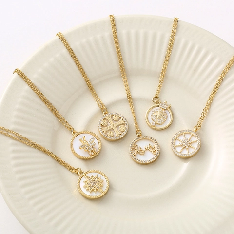 Round Medallion Pendant Necklace Copper Gold Plated With Zircon Mother Of Artificial Pearl MAMA Bee Star Religious For Women