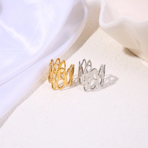 Hollow Irregular Wavy Geometric Ring Stainless Steel Open Adjustable Fashion Versatile Jewelry For Women