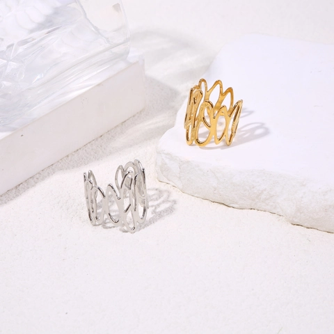 Hollow Irregular Wavy Geometric Ring Stainless Steel Open Adjustable Fashion Versatile Jewelry For Women
