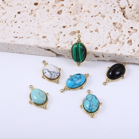 Oval Gemstone Pendants Stainless Steel Retro Natural Stone Charms DIY Jewelry Making Accessories Vintage Bohemian Style