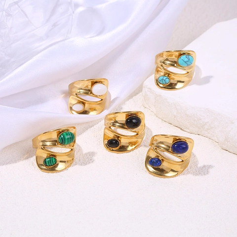 Wide Band Ring Stainless Steel Double Layer Inlaid Geometric Stone Gold Plated Open Adjustable Vintage French Style
