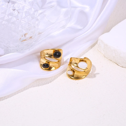 Wide Band Ring Stainless Steel Double Layer Inlaid Geometric Stone Gold Plated Open Adjustable Vintage French Style