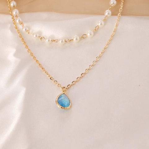Collana A Doppio Strato Stile Francese Catena In Acciaio Inossidabile Oro Perla Artificial Sintetica Ciondolo Goccia D'acqua Effetto Opale