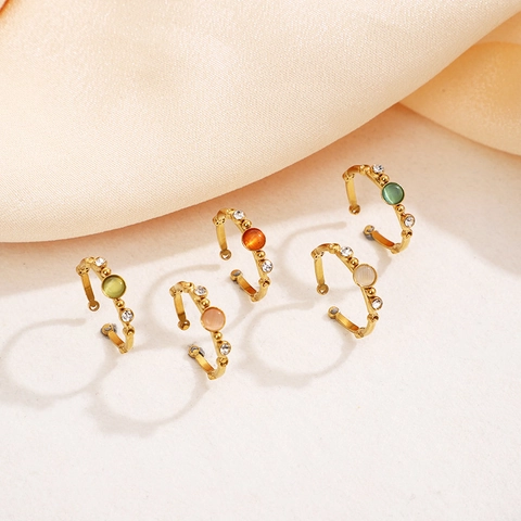 Vintage Stainless Steel Open Ring For Women Adjustable Retro Bamboo Joint Texture Cat Eye Stone Zircon Light Luxury