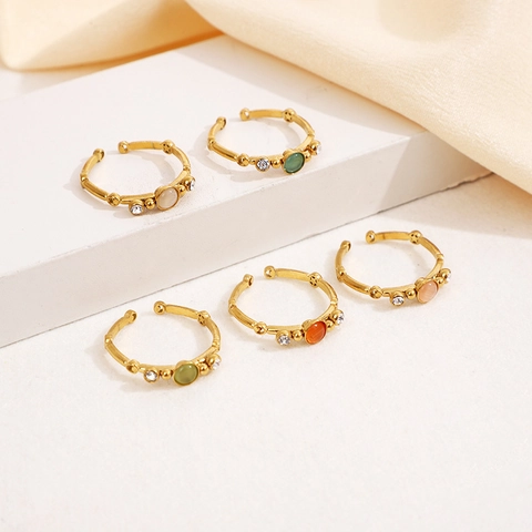Vintage Stainless Steel Open Ring For Women Adjustable Retro Bamboo Joint Texture Cat Eye Stone Zircon Light Luxury