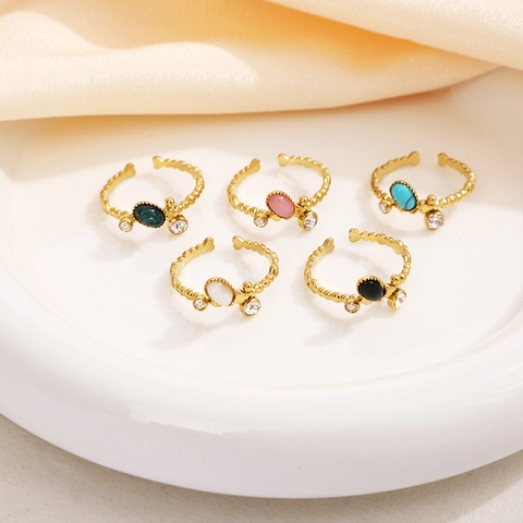 Ovaler Naturstein Edelstahl Ring Vergoldet Offen Verstellbar Retro Perlenstruktur Nischendesign Fingerschmuck