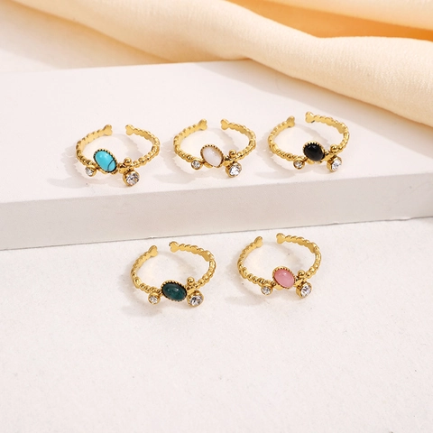 Ovaler Naturstein Edelstahl Ring Vergoldet Offen Verstellbar Retro Perlenstruktur Nischendesign Fingerschmuck