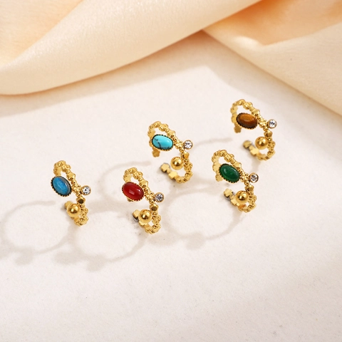 Vintage Französischer Ethno-Ring Mit Naturstein Verstellbar Offen Edelstahl Vergoldet Zirkon Blumenmuster