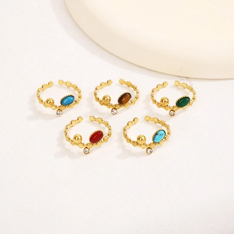 Vintage Französischer Ethno-Ring Mit Naturstein Verstellbar Offen Edelstahl Vergoldet Zirkon Blumenmuster