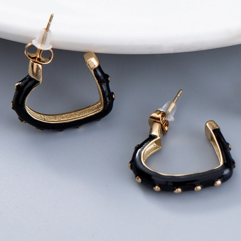 Heart Hoop Earrings Stainless Steel Black Enamel Gold Rivets Vintage Korean Style Women Elegant Jewelry