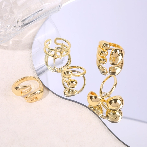 Geometric Gold Plated Copper Open Rings Minimalist Adjustable Jewelry Crab Claw Star Spheres Design For Women