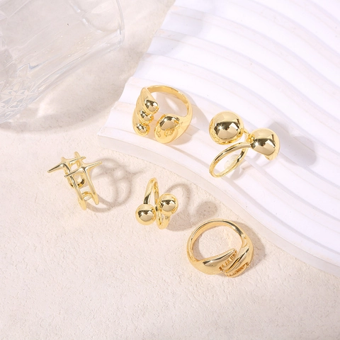 Geometric Gold Plated Copper Open Rings Minimalist Adjustable Jewelry Crab Claw Star Spheres Design For Women