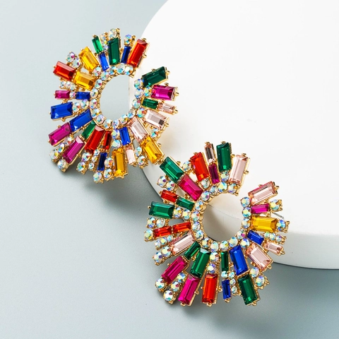 Kleurrijke Strass Zonnestraal Oorknopjes Overdreven Bloem Roestvrij Staal Sieraden Boheemse Luxe Stijl Voor Dames