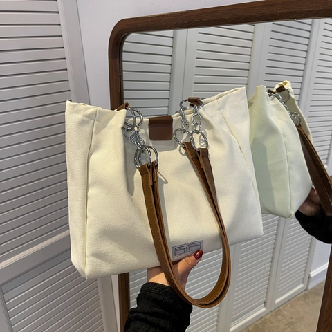 Damen Canvas Tote Bag Große Kapazität Retro Umhängetasche Mit Metallkette Kunstlederriemen Magnetverschluss Pendler