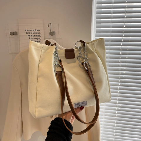 Damen Canvas Tote Bag Große Kapazität Retro Umhängetasche Mit Metallkette Kunstlederriemen Magnetverschluss Pendler
