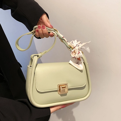 Borsa A Tracolla Piccola Quadrata In Pelle PU Da Donna Manico Decorativo Con Sciarpa Serratura Metallica Elegante