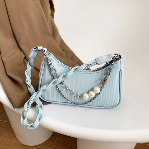 Women Shoulder Underarm Bag PU Leather Vertical Pleated Texture With Woven Strap Artificial Pearl Flower Chain Trendy Fashion