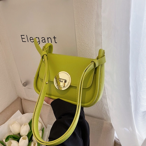Women Shoulder Bag PU Leather Round Gold Metal Lock Flip Top Minimalist Underarm Crossbody Purse Chic Retro Style