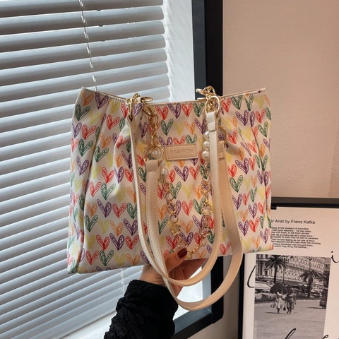 Borsa Tote Donna Grande Capacità Tela Stampa Cuore Graffiti Borsa A Spalla Con Decorazione Catena Di Künstliche Perle