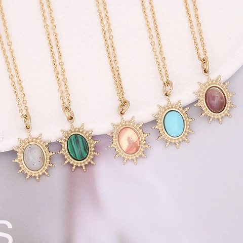 Ovaler Naturstein Anhänger Halskette Edelstahl Sonnenstrahl Retro Schlüsselbein Kette Für Frauen