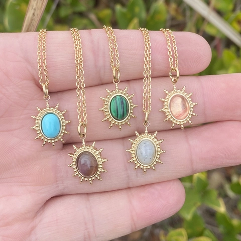 Ovaler Naturstein Anhänger Halskette Edelstahl Sonnenstrahl Retro Schlüsselbein Kette Für Frauen