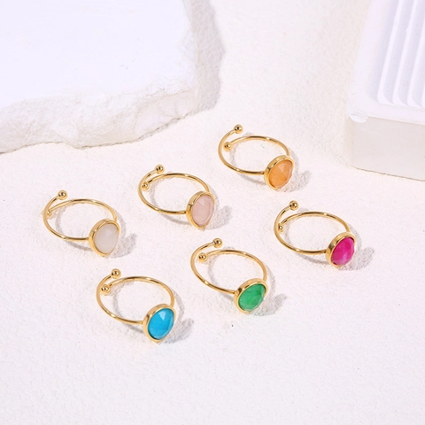 Teardrop Natural Stone Open Ring For Women Stainless Steel Gold Plated Adjustable Waterdrop Gemstone Minimalist Jewelry