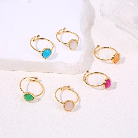 Teardrop Natural Stone Open Ring For Women Stainless Steel Gold Plated Adjustable Waterdrop Gemstone Minimalist Jewelry