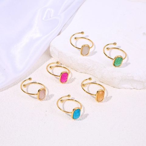Stainless Steel Adjustable Open Ring For Women Colorful Natural Stone Gold Plated Minimalist French Style Jewelry