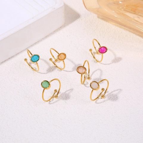 Roestvrijstalen Ring Met Ovale Natuursteen Minimalistische Verstelbare Open Vinger Sieraden Elegant Modeaccessoire Voor Dames