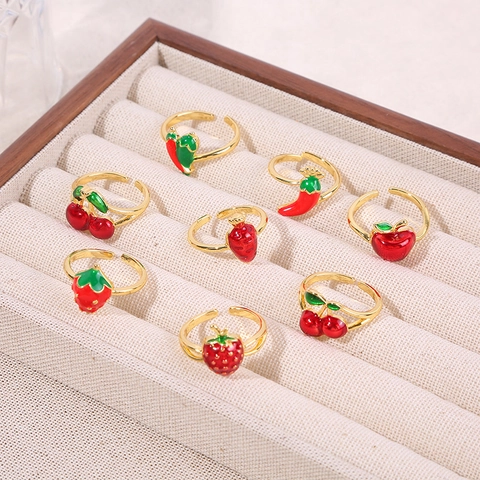 Anillo Ajustable Abierto Frutas Cobre Esmalte Fresa Cereza Chile Manzana Zanahoria Joyería Creativa Dulce Para Mujeres