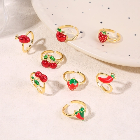 Anillo Ajustable Abierto Frutas Cobre Esmalte Fresa Cereza Chile Manzana Zanahoria Joyería Creativa Dulce Para Mujeres