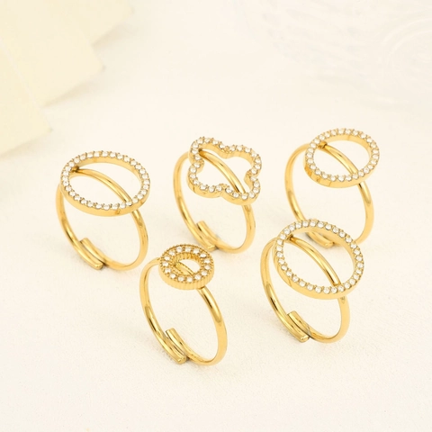 French Light Luxury Gold Plated Stainless Steel Adjustable Open Ring Micro Paved Rhinestone Geometric Circle Flower Jewelry