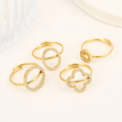 French Light Luxury Gold Plated Stainless Steel Adjustable Open Ring Micro Paved Rhinestone Geometric Circle Flower Jewelry