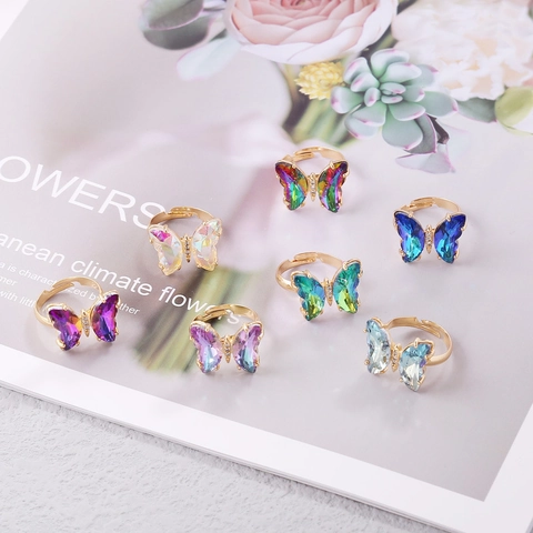Schmetterling Offener Ring Kupfer Vergoldet Gradient Kristall Verstellbar Ästhetischer Schmuck Für Damen
