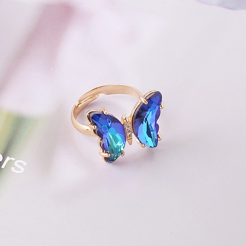 Schmetterling Offener Ring Kupfer Vergoldet Gradient Kristall Verstellbar Ästhetischer Schmuck Für Damen