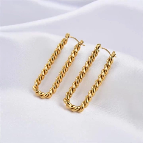 Twisted Rectangular Hoop Earrings Stainless Steel Gold Plated Minimalist Geometric Chunky Link Jewelry For Women