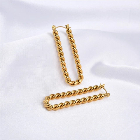 Twisted Rectangular Hoop Earrings Stainless Steel Gold Plated Minimalist Geometric Chunky Link Jewelry For Women