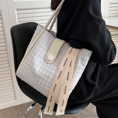 Borsa A Spalla Donna Tessuto Strutturato Motivo Pied De Poule Nastro Moda Grande Borsa Tote Elegante Per Il Pendolarismo Quotidiano
