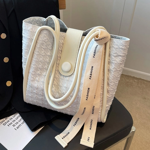 Borsa A Spalla Donna Tessuto Strutturato Motivo Pied De Poule Nastro Moda Grande Borsa Tote Elegante Per Il Pendolarismo Quotidiano