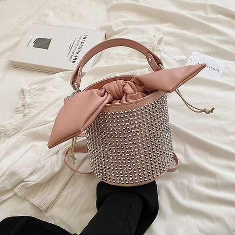 Strass Eimertasche PU Leder Funkelnde Niete Schleife Handtasche Umhängetasche Kordelzug Trendy Damen Mode