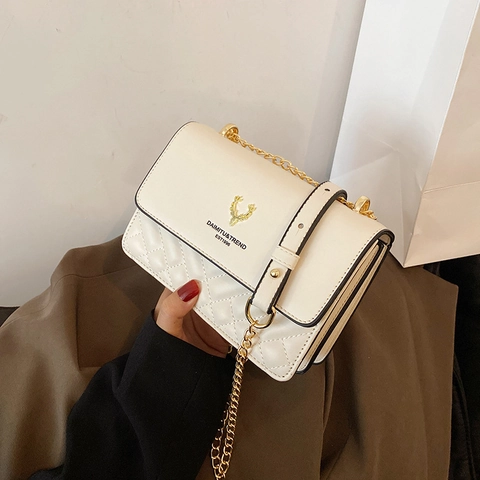 Sac Bandoulière Matelassé Pour Femme En Cuir PU Motif Losange Chaîne Dorée Sac À Épaule Chic Décor Tête De Cerf À Rabat