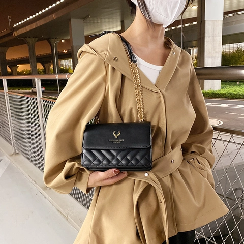 Sac Bandoulière Matelassé Pour Femme En Cuir PU Motif Losange Chaîne Dorée Sac À Épaule Chic Décor Tête De Cerf À Rabat