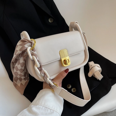 Fashion Women PU Leather Shoulder Crossbody Bag Chic Underarm Purse With Gold Metal Lock And Decorative Satin Scarf Strap