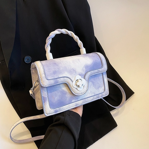 Borsa A Tracolla Da Donna Pelle PU Motivo Marmo Nuvola Chiusura Girevole Fiore Manico Intrecciato Crossbody Piccola Squadrata