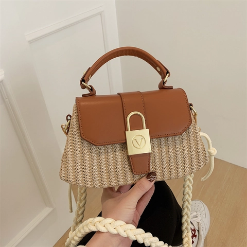 Borsa A Spalla Vintage In Paglia Intrecciata Donne Patchwork Pelle PU Tracolla In Corda Intrecciata V-Logo Piccola Borsa