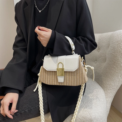 Borsa A Spalla Vintage In Paglia Intrecciata Donne Patchwork Pelle PU Tracolla In Corda Intrecciata V-Logo Piccola Borsa